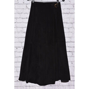 1980s Bushwacker U.S.A Black Leather Suede A-Line Maxi Wrap Skirt Size 8